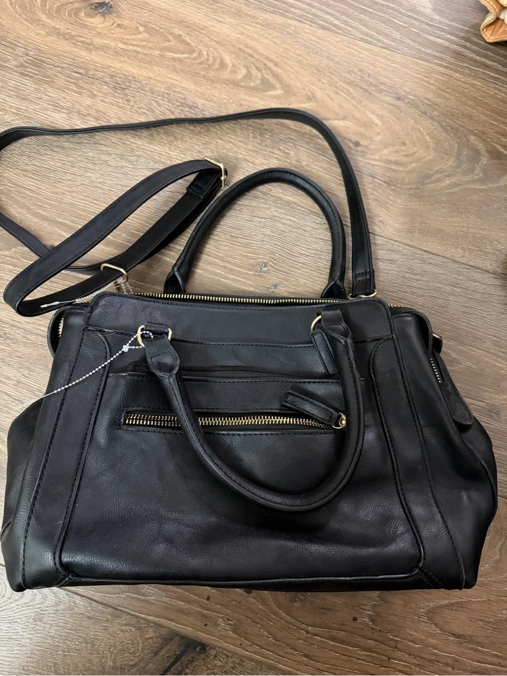 Women's Black Leather Satchel with Gold Accent Hardware - Picture 1 of 4